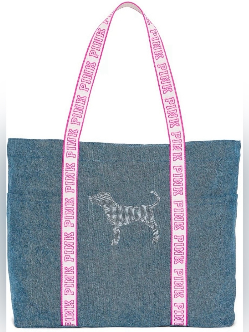 PINK Victoria's Secret Denim Bling Tote Bag with Pink logo Straps NWT